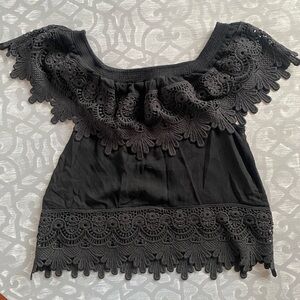 VTG 90’s Y2K embroidered Lacey scoop neck black top sz L Whimsigoth Fairy Goth
